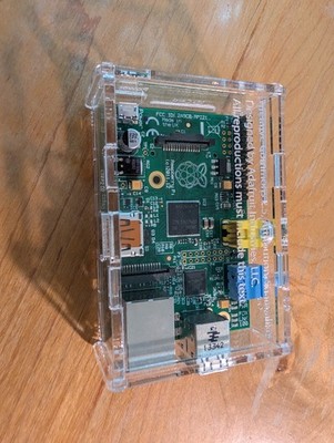 Raspberry Pi 1 Model B (2012) in an acrylic enclosure