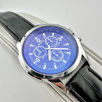 MODIYA Mens Watch 41mm Blue Dial Silver Case Black Leather Strap Chronograph