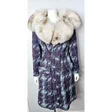 VTG 1960s Boucle Wool Purple and Blue Wrap Coat with Belt and LARGE Fur Collar