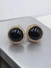 Pair of Vtg Nina Ricci Clip On Earrings Elegant Black Gold Rhinestone Jewelry
