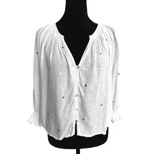 Rails Mariah Green Daisy Embroidery 3/4 Sleeve Button Front Blouse Womens small