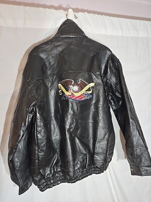 Vintage God Bless America USA Patchwork Black Leather Motorcycle Jacket Size L