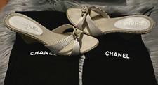 Auth CHANEL CC Jute Espadrilles Heel Wedge Mules Sandals Open Toe Mules 39 9