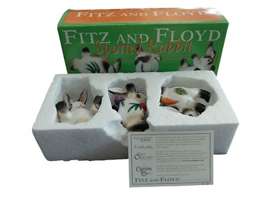 Fitz&Floyd Essentials Spotted Tumbling Rabbits Ceramic Figurines Easter Set of 3