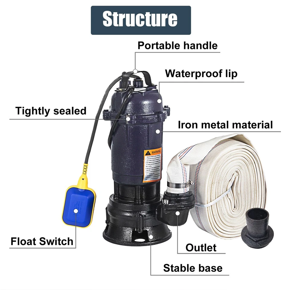 2HP 潜水泵 1500W 铸铁污水泵 6498GPH 带 66 英尺软管 220V — 第 4/4 张图片