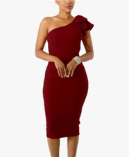 Women's One Shoulder Ruffle Sleeve Red Midi Bodycon Party Dress Size L