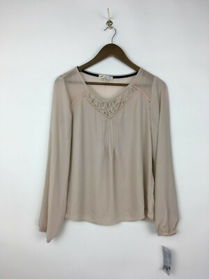 Jolt Blouse Size Medium Taupe Blush Pink Long Sleeve Lace