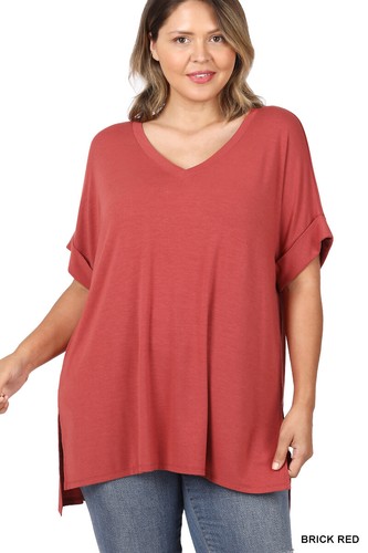1X 2X 3X Women's V Neck Rolled Short Sleeve Rayon Top Loose Fit T Shirt Tunic - Picture 5 of 81