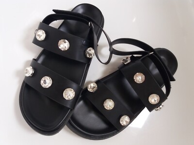 Sandalette Flach Riemchen Sandalen Leder-Optik Schwarz Große Strass Steine 38