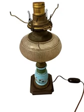 Vintage Turquoise Hand Painted Electrified Oil Lamp