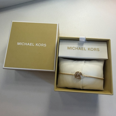 Michael Kors Gold Tone Cable Chain Bracelet MK Logo Dangle Charm White Crystal