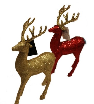 Set f 2 Red and Gold 14'' x10'' Reindeer Christmas Ornament, Hanging or Tabletop