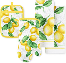Lots of Lemons Modern Kitchen Towel, Oven Mitt  Potholder Set, 4-Pack, White-Ye