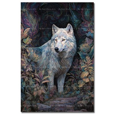 White Wolf Garden Art Print, Enchanting Colorful Woodland Poster, Room Decor