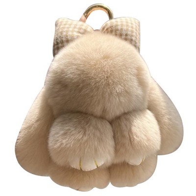 Fluffy Bunny Keychain with Bow Cute Plush Key Rings Soft Pompom Keychain for ...