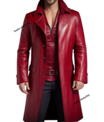 Mens Casual Red Lambskin Leather Trench Coat Formal Long Overcoat Stylish Outfit