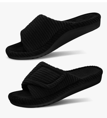 Women s Size 9-10 House Slippers Adjustable Hook & Loop Open Toe Black Comfort