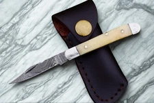 Hand Forged Damascus Steel Mini Trapper Folding Pocket Knife Bone Handle Sheath