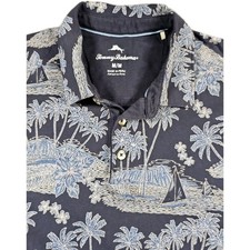 Tommy Bahama Mens Polo Shirt Medium Blue Tropical Island Sailboat Print