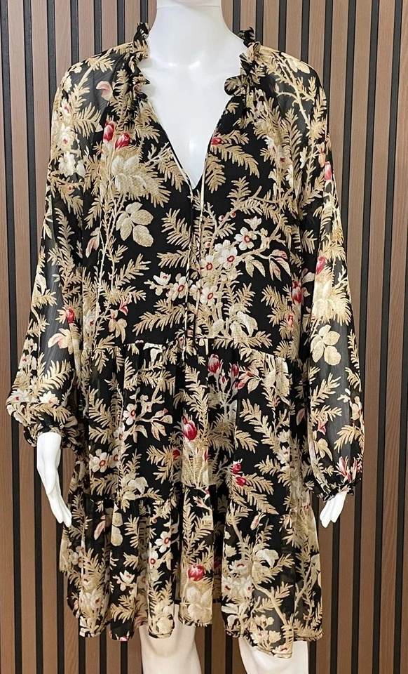 Vestido para mujer H&M L marrón poliéster calce y acampanado floral chifón con volantes boho Foto 2 de 4