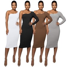 Spring/Summer Women's Solid Color Sloping Shoulder Sexy Long-sleeved Hip Dress