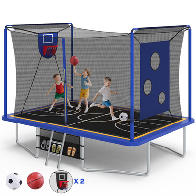 8x12FT Large Rectangle Trampoline w/ Enclosure & Basketball Hoop 1600LBS