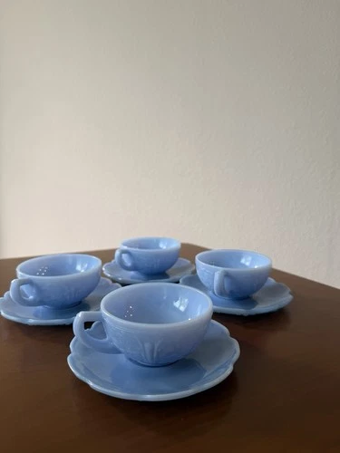 Vintage Blue Milk Glass Jeannette Cherry Blossom Children’s Sz Tea Cup & Saucers