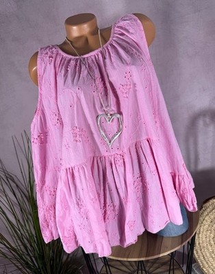 Italy Top Bluse Alinie Boho Ibiza Richelieu  LOCHSTICKEREI pinkrosa 42 44 46