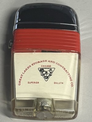 VINTAGE SCRIPTO VU GREAT LAKES STORAGE AND CONTRACTING RED BAND LIGHTER USED V5