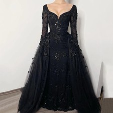 Gothic Black Wedding Dresses Long Sleeves Detachable Train Lace Applique Gowns