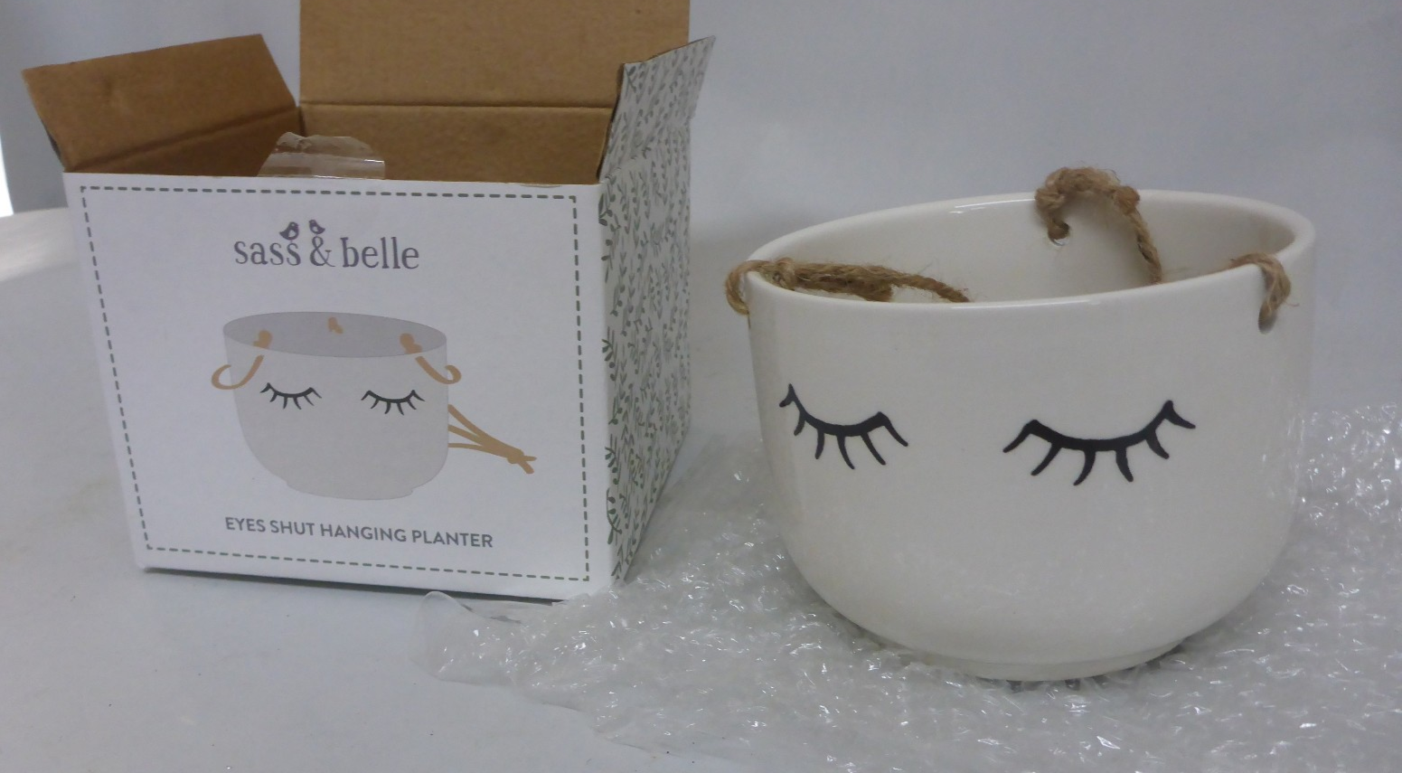 Sass & Belle Eyes Shut Hanging Planter Vase Herb Plant Holder Stoneware Box Fun