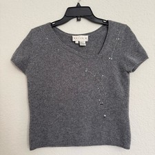 Vintage Basix II Grey Cashmere Beaded Sweater Top Size S Quiet Luxury Soft Girl