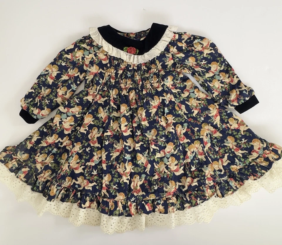 Vestido de Navidad Allison Ann 3T Estampado de Ángel Encaje Calado Dobladillo Cuello Terciopelo Foto 2 de 4