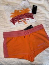 True Religion 2-Piece Graphic Tee  Drawstring Shorts Set S Pink/Orange/White