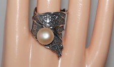 Sterling Silver Oxidized Leaf Wrap Bypass Pearl Accent Statement Ring Size 8