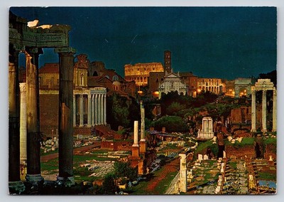 Vintage Night View Postcard of Rome Imperial Forums & Colosseum Italy