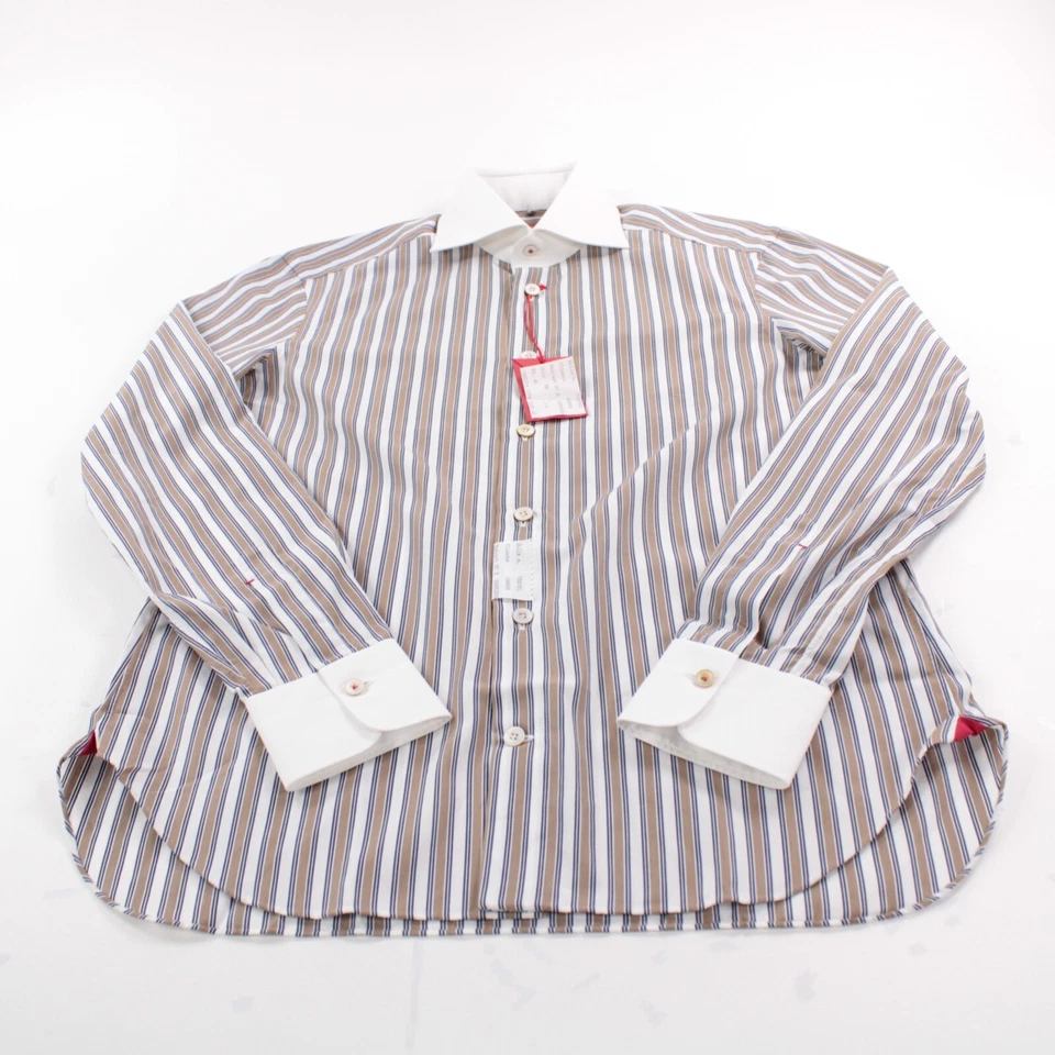 Camisa de vestir Kiton nueva con etiquetas talla 15,75 40 blanca con rayas beige 100 % algodón Foto 2 de 4