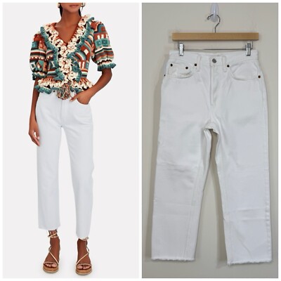 Re / Done 70s Stove Pipe Straight Jeans Size 27 White Raw Hem Cropped Button Fly