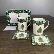 Set of 2 Spode Green Trim Christmas Tree Mugs And Coasters in a Tin S3324-A19