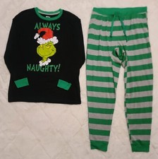 Dr. Seuss 2 Piece Pajama Set Men's Large Black Green Cotton Grinch Christmas