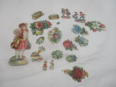 Lot antike Oblaten Glanzbilder Poesiebilder  Mädchen Blumen ua.  (19) ~ 1880/192