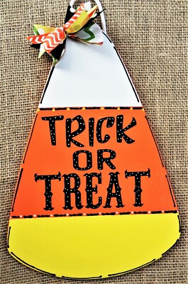 CANDY CORN Trick Or Treat SIGN Halloween Seasonal Wall Art Door Plaque Hanger