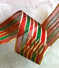 Christmas Rustic Red Green Gold Metallic Stripe 2.5" by 5 yds Sheer Wired Ribbon