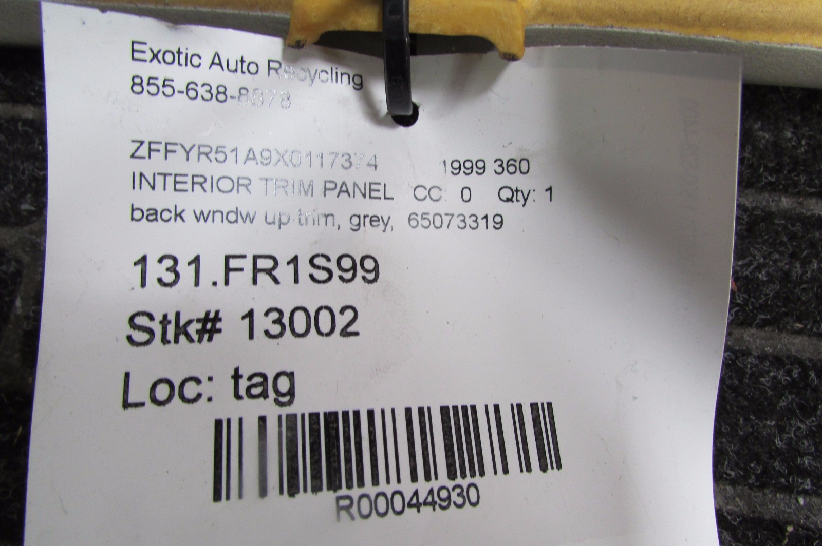 Ferrari 360, Upper Interior Back Window Trim, Grey, Used, P/N 65073319