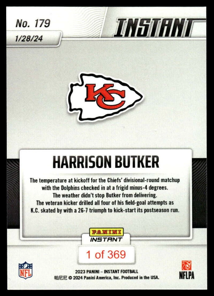 Harrison Butker 2023 Panini Instant #179 Chiefs - Image 2 of 2
