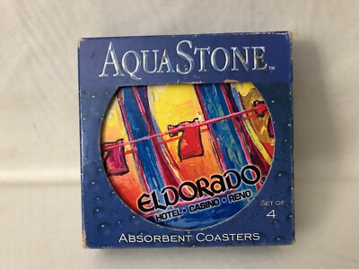 Aqua Stone Coasters Set of 4 Round 4'' Ceramic El Dorado Hotel Casino Reno