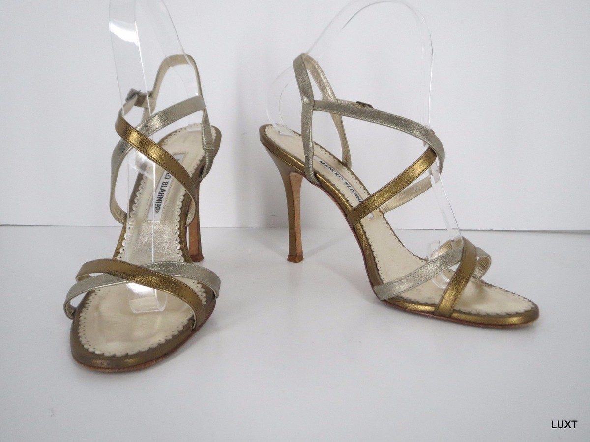 Manolo Blahnik Sandals Heels Size Metallic Gold Silver Strappy  Open Toe