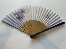 VINTAGE Japanese hand fan paper cotton bamboo white with purple flowers