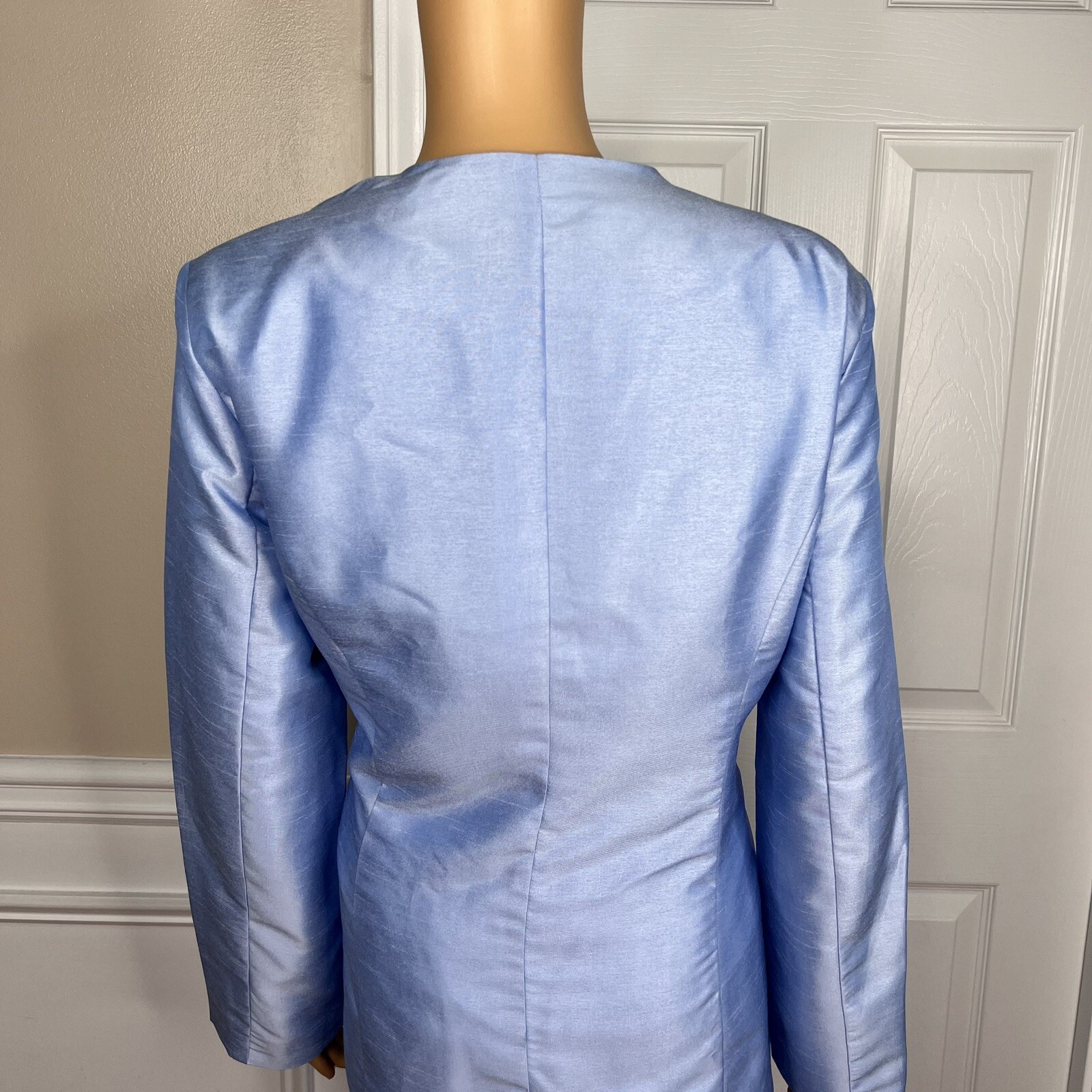 TALLY TAYLOR 3PC Slate Blue Polyester Collarless Cocktail Skirt Suit Top Size 14
