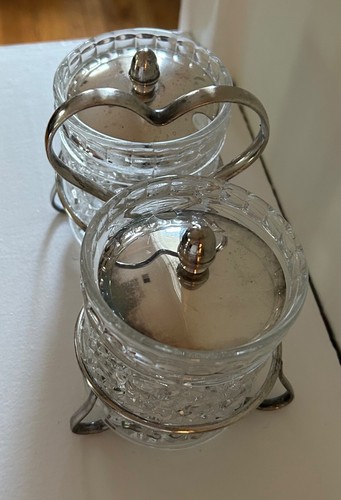 Double Round Crystal Condiment Jars With Silver Plated Caddie Made in England - Picture 3 of 6